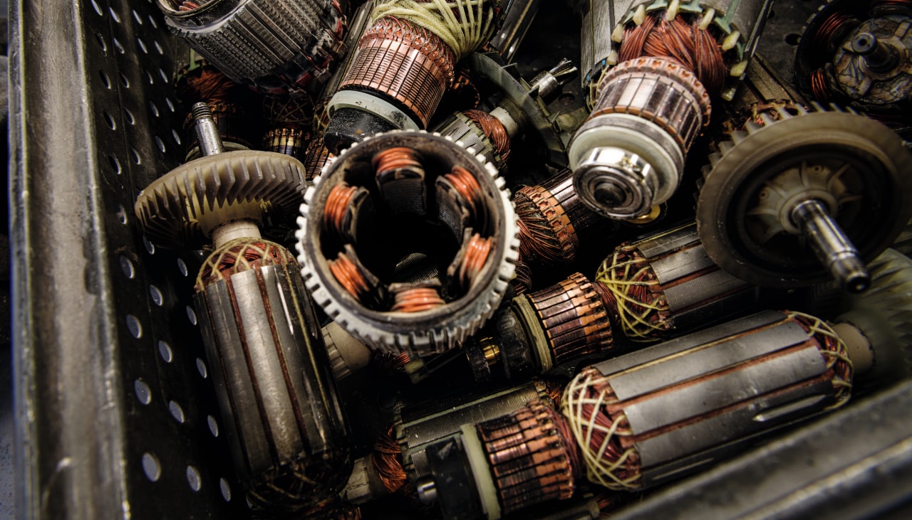 Combi hammer's copper coils are collected for recovery in recycling center